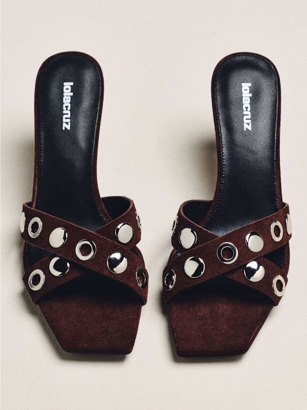 Lola Cruz Studded Mule Heels in Brown Suede
